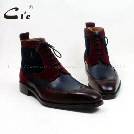 Cie Square Toe Wingtips Mixed Colors Navy Wine100%Genuine Calf Leather Boot Handmade Bespoke Leather Lacing Men Ankle Boot A102